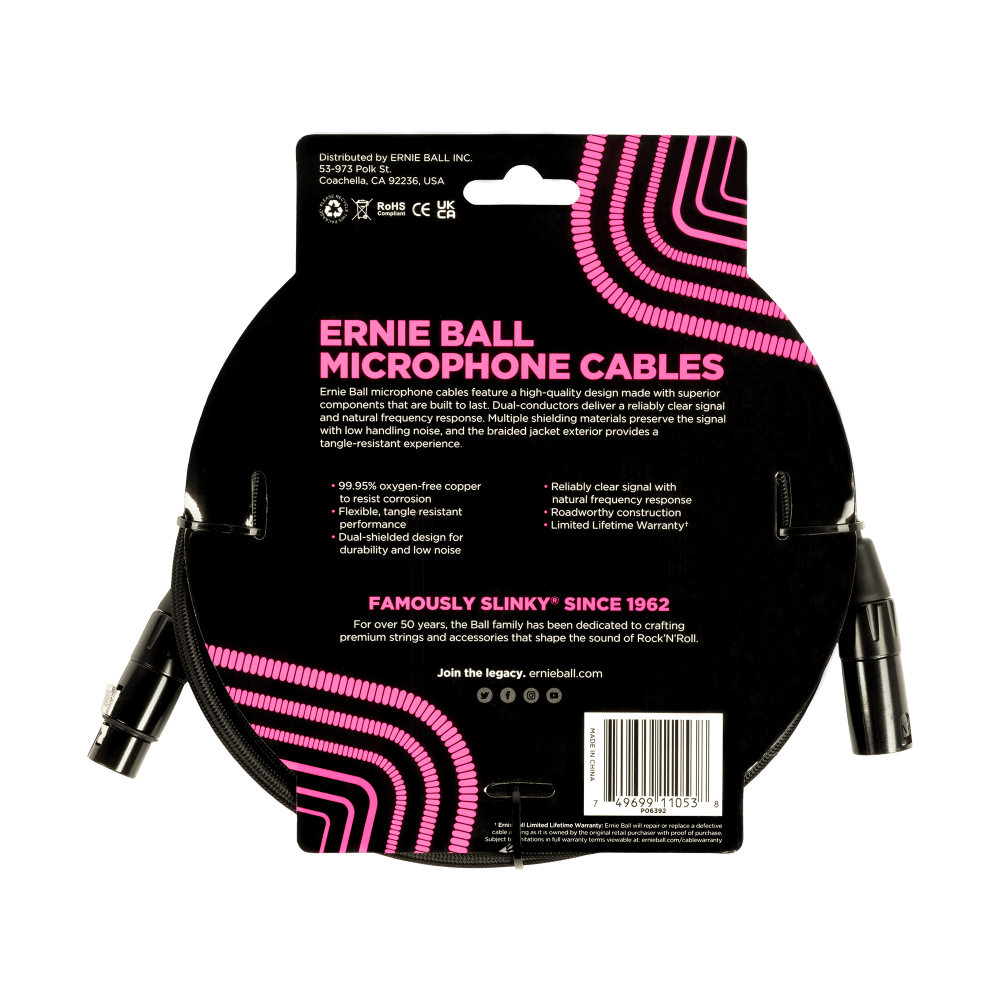 Ernie Ball 20ft Braided Male Female XLR Microphone Cable Black — view 2