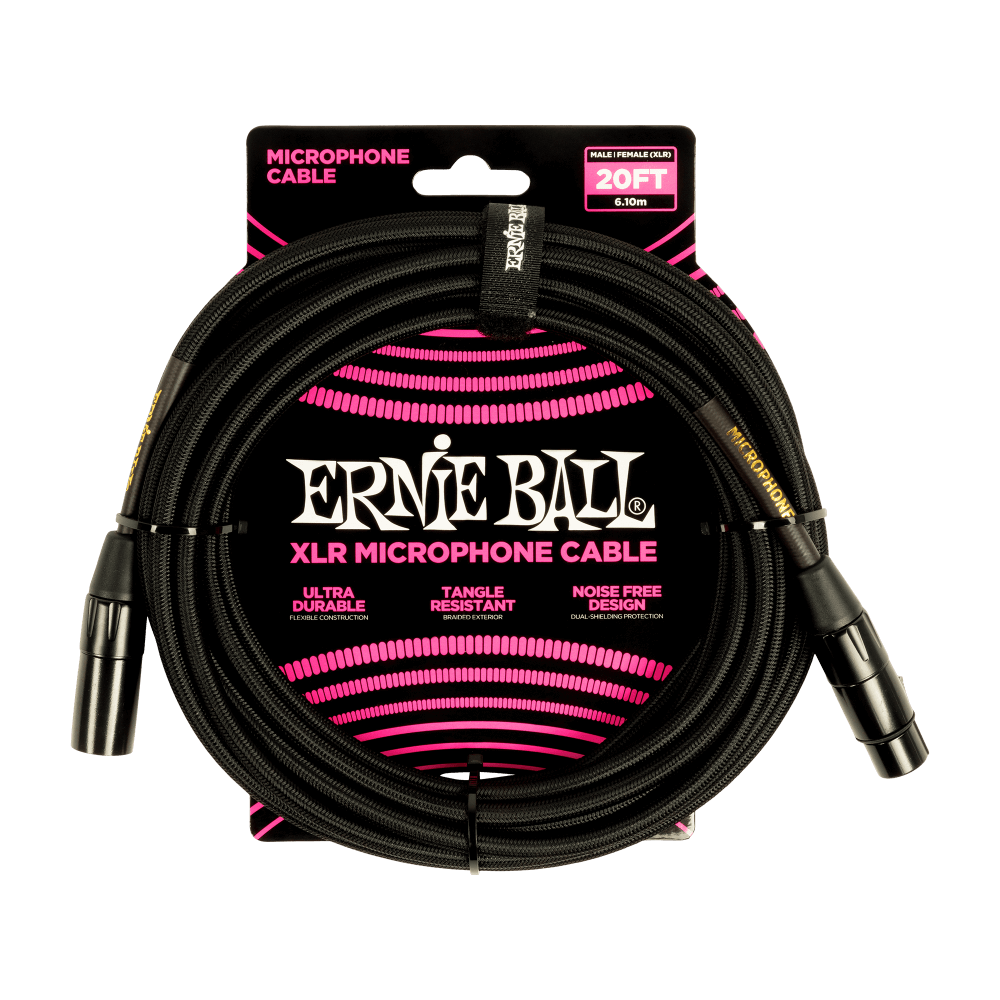Ernie Ball 20ft Braided Male Female XLR Microphone Cable Black