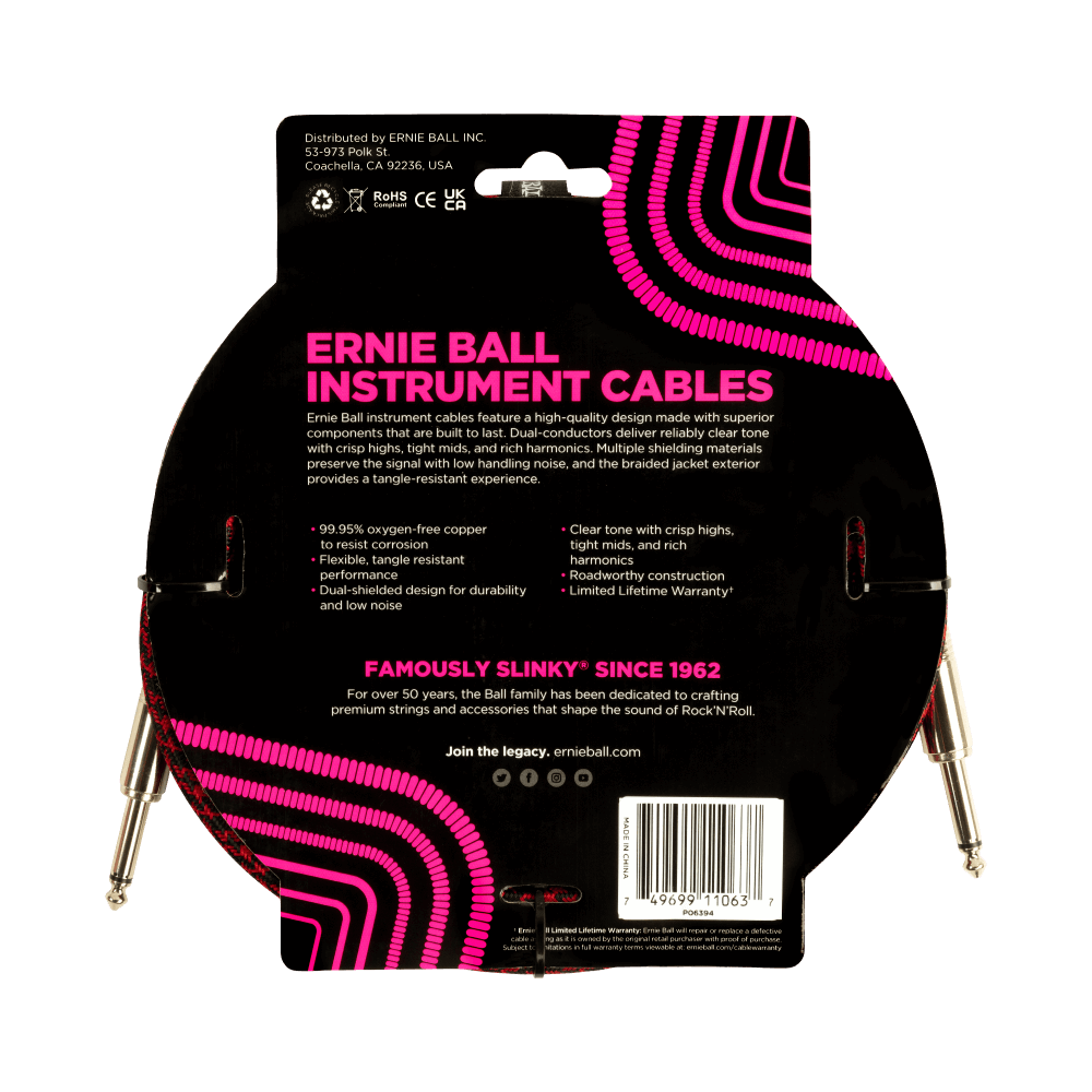 Ernie Ball 10ft Braided Straight Straight Instrument Cable Red Black — view 2