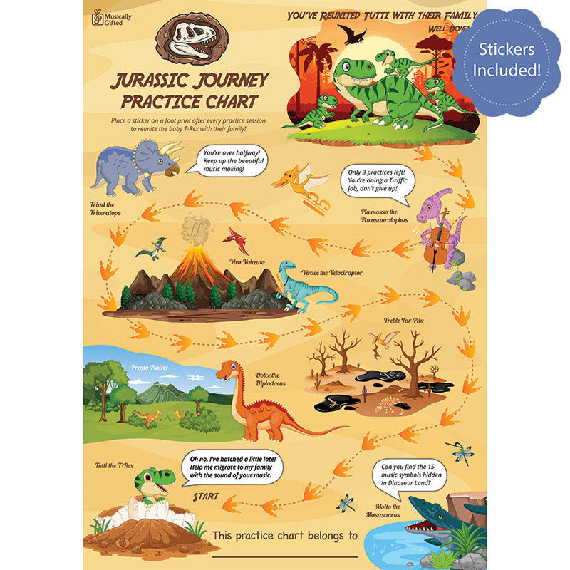 Jurassic Journey A3 Music Practice Chart with Stickers by Musically Gifted