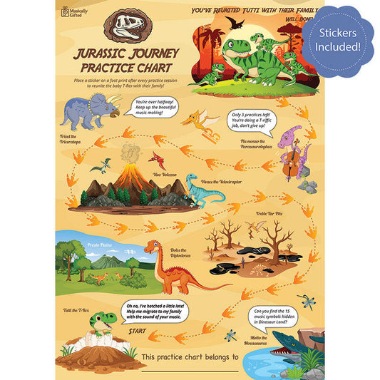 Jurassic Journey A3 Music Practice Chart with Stickers by Musically Gifted