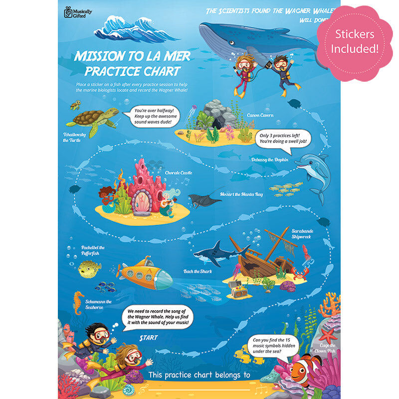 Mission to La Mer A3 Music Practice Chart by Musically Gifted with Stickers and Games