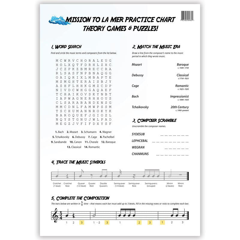 Mission to La Mer A3 Music Practice Chart by Musically Gifted with Stickers and Games — view 2
