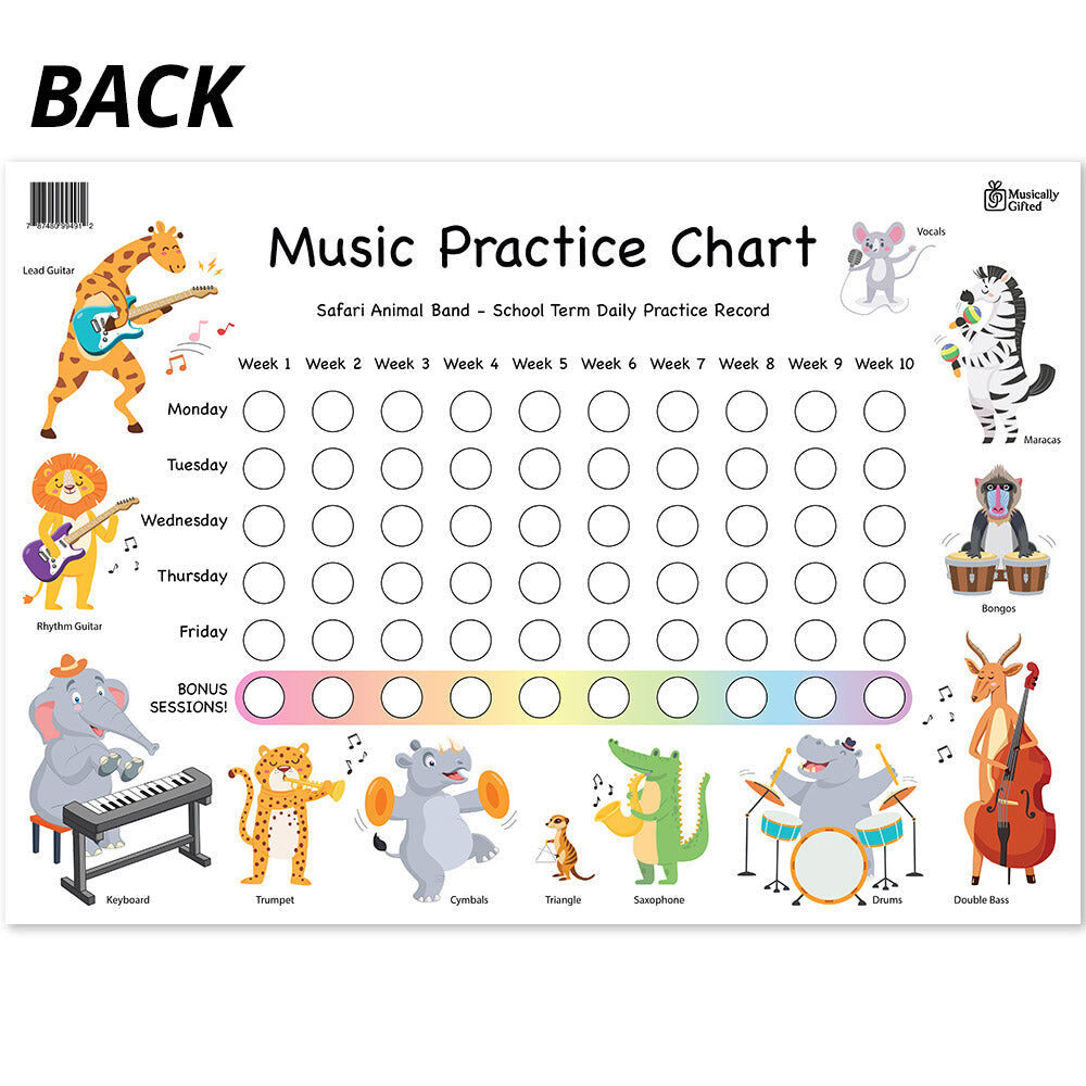 Penguins & African Animals Music Practice Chart - 20 Weeks by Musically Gifted, A3 Size, 250gsm Paper, Includes Star Stickers, Colourful Design — view 2