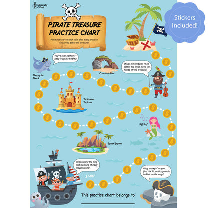 Pirate Treasure A3 Music Practice Chart with Gold Star Stickers and Music Symbols Game