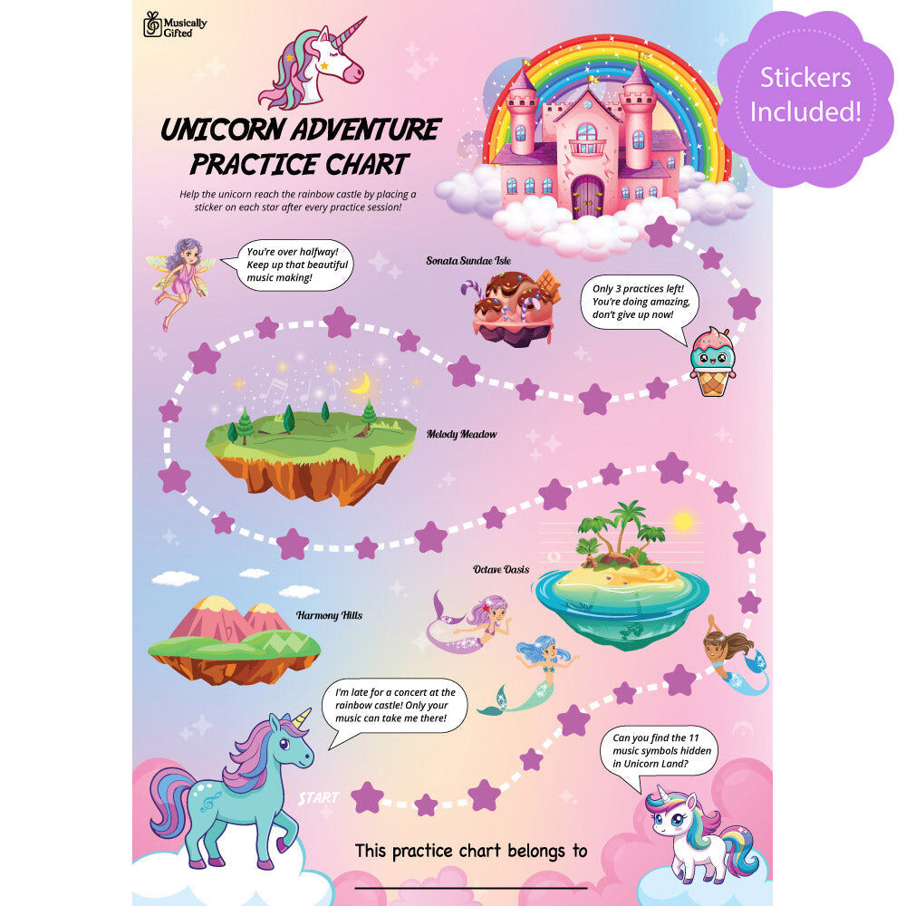 Unicorn Adventure A3 Music Practice Chart with Stickers by Musically Gifted