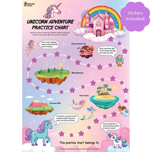 Unicorn Adventure A3 Music Practice Chart with Stickers by Musically Gifted