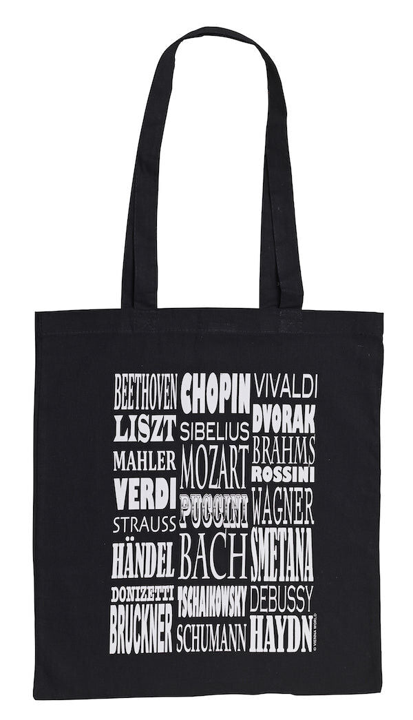 Black Sheet Music Bag with Long Handles and White Composers Names