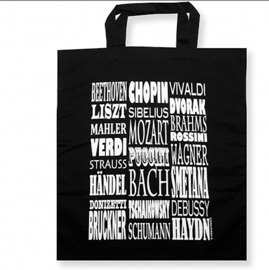 Black Tote Bag with White Composers Names, Short Handles, 38x40cm