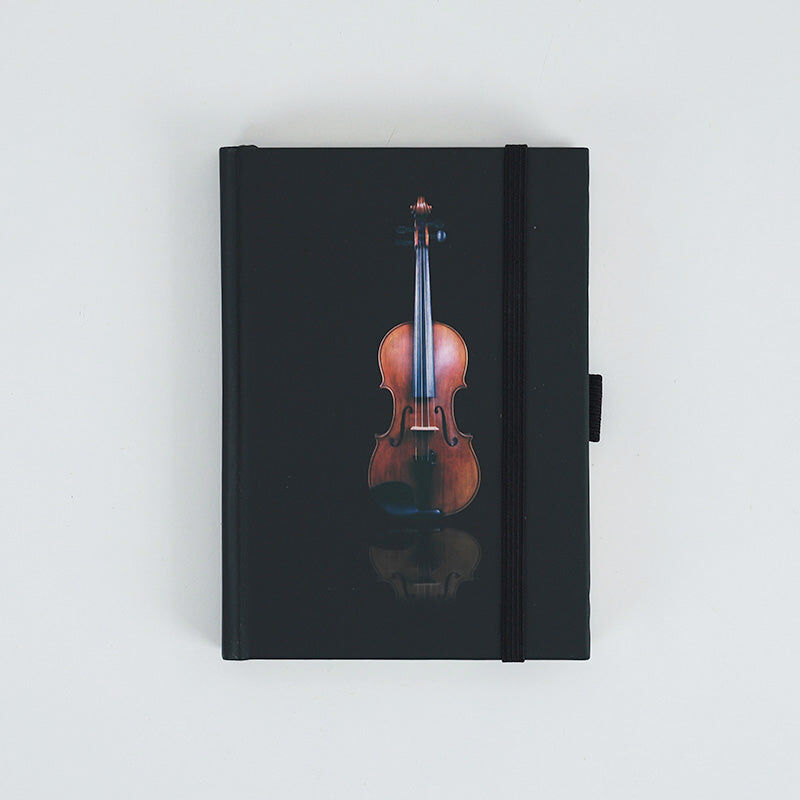 A6 Black Notebook with Violin Cover, 96 Sheets, 192 Pages, Hard Cover, Pen Loop, Elastic Closure, Ribbon Bookmark, Expandable Pocket
