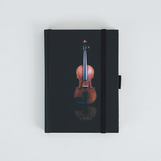 A6 Black Notebook with Violin Cover, 96 Sheets, 192 Pages, Hard Cover, Pen Loop, Elastic Closure, Ribbon Bookmark, Expandable Pocket