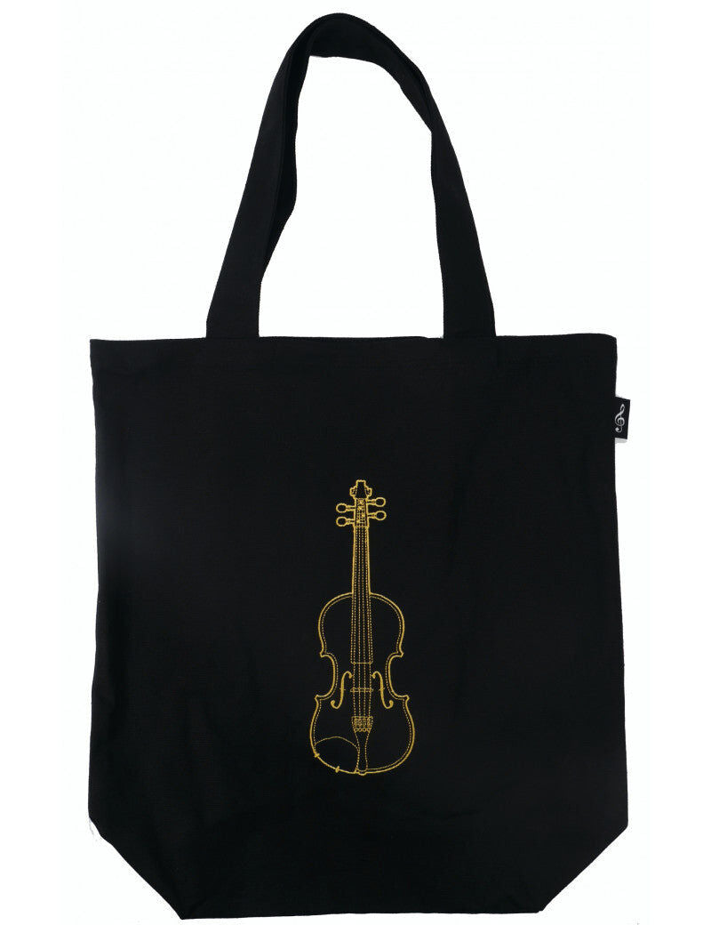Black Canvas Tote Bag with Gold Embroidered Violin, 45cm