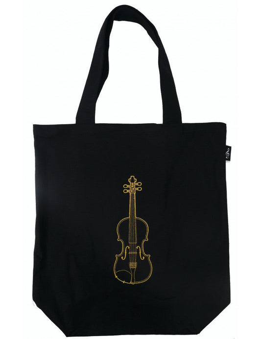 Black Canvas Tote Bag with Gold Embroidered Violin, 45cm