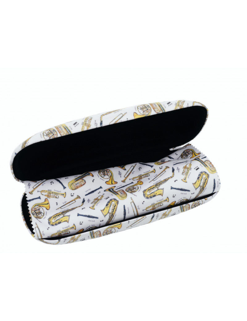 White Glasses Case with Brass Music Instruments and Microfiber Cloth