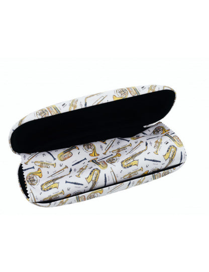 White Glasses Case with Brass Music Instruments and Microfiber Cloth