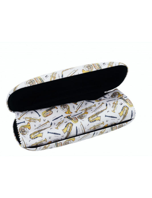 White Glasses Case with Brass Music Instruments and Microfiber Cloth