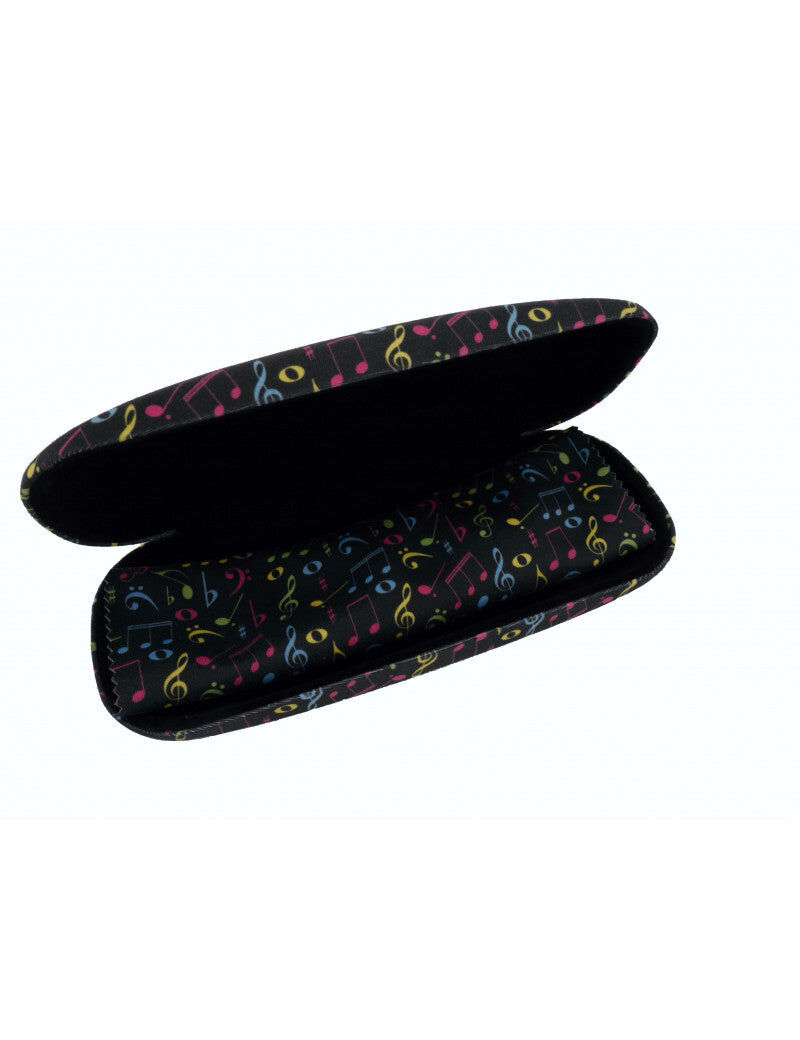 Music Inspired Glasses Case with Microfiber Cloth - Black with Colourful Notes and Clefs