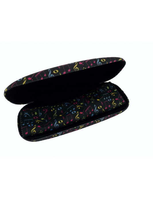 Music Inspired Glasses Case with Microfiber Cloth - Black with Colourful Notes and Clefs