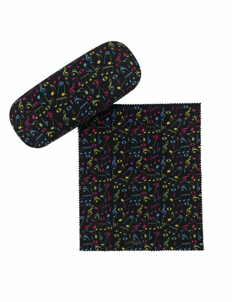 Music Inspired Glasses Case with Microfiber Cloth - Black with Colourful Notes and Clefs — view 3