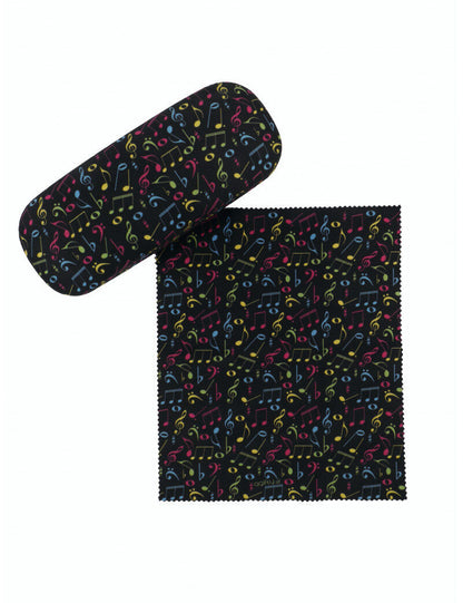 Music Inspired Glasses Case with Microfiber Cloth - Black with Colourful Notes and Clefs — view 3