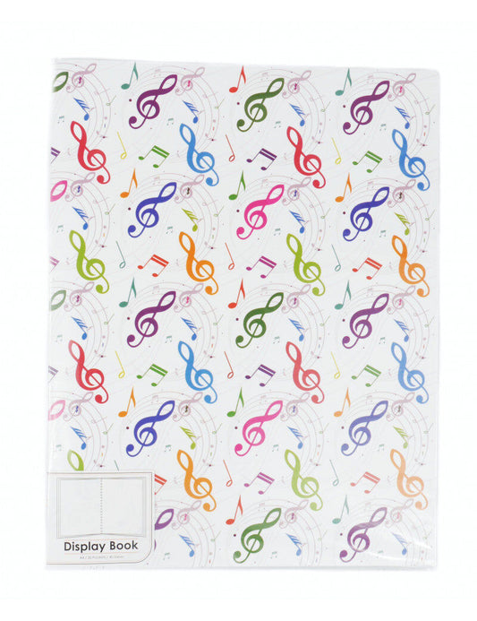 A4 Display Folder with Colourful Music Notes and Treble Clefs, 20 Clear Pockets, White