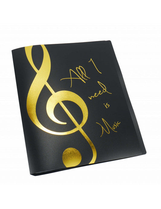A4 Black Display Folder with Gold Treble Clef and 'All I Need is Music' Saying, 20 Clear Pockets