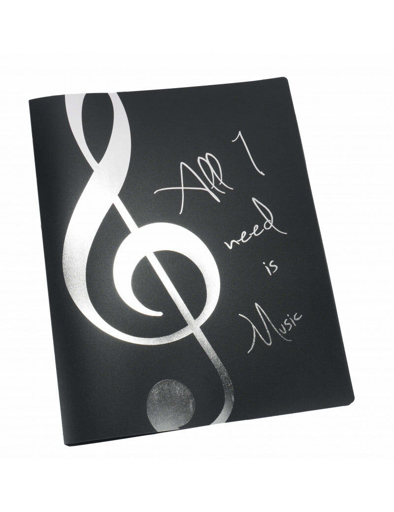 A4 Black Display Folder with Silver Treble Clef and 'All I Need is Music' Saying, 20 Clear Pockets