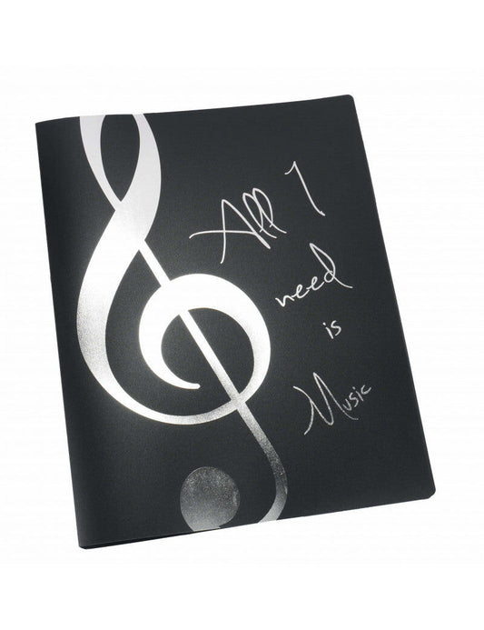 A4 Black Display Folder with Silver Treble Clef and 'All I Need is Music' Saying, 20 Clear Pockets