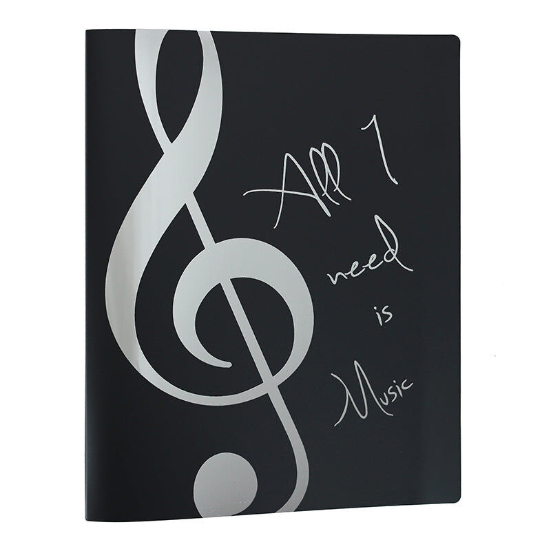 A4 Black Display Folder with Silver Treble Clef and 'All I Need is Music' Saying, 20 Clear Pockets — view 2