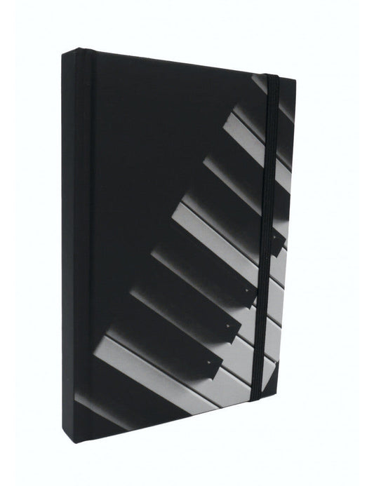 A6 Black Notebook with Piano Keyboard, Hard Cover, Pen Loop, Elastic Closure, Ribbon Bookmark, Expandable Pocket, 96 Sheets
