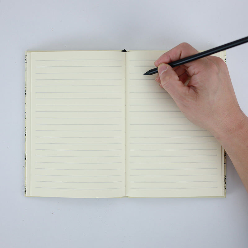 A5 Cream Notebook with Black Manuscript, Hard Cover, Pen Loop, Elastic Band, Ribbon Bookmark, Expandable Pocket, 96 Sheets (192 Pages) — view 2