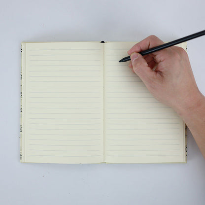A5 Cream Notebook with Black Manuscript, Hard Cover, Pen Loop, Elastic Band, Ribbon Bookmark, Expandable Pocket, 96 Sheets (192 Pages) — view 2