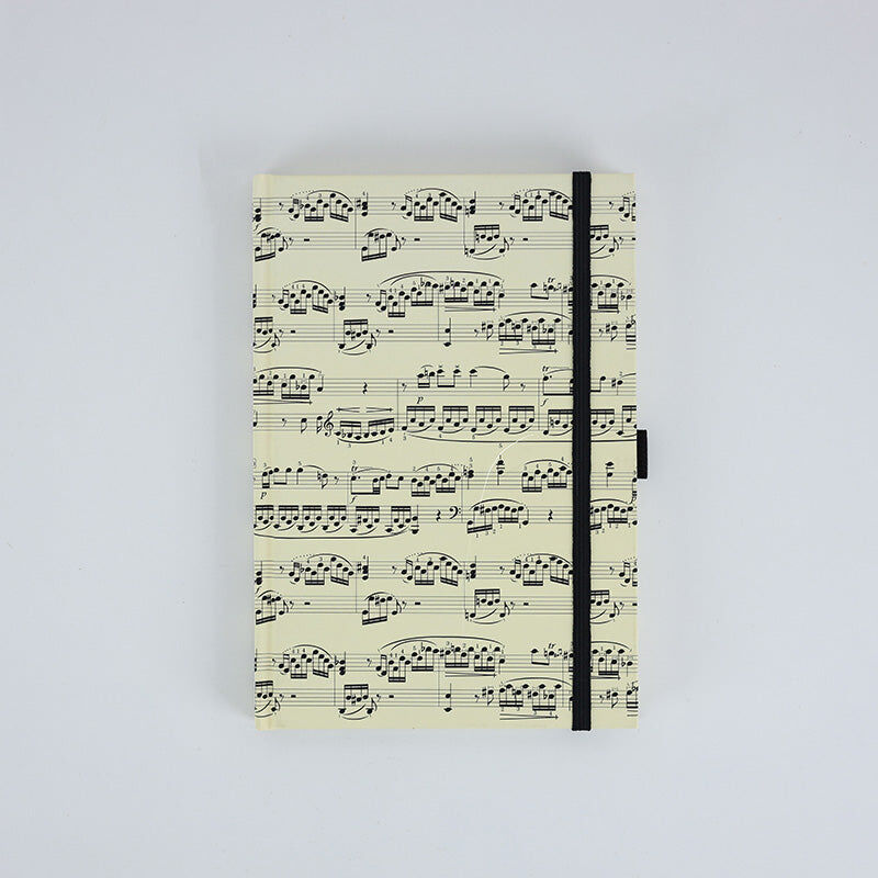 A5 Cream Notebook with Black Manuscript, Hard Cover, Pen Loop, Elastic Band, Ribbon Bookmark, Expandable Pocket, 96 Sheets (192 Pages)