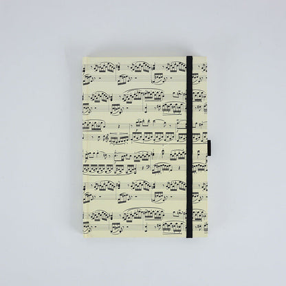 A5 Cream Notebook with Black Manuscript, Hard Cover, Pen Loop, Elastic Band, Ribbon Bookmark, Expandable Pocket, 96 Sheets (192 Pages)