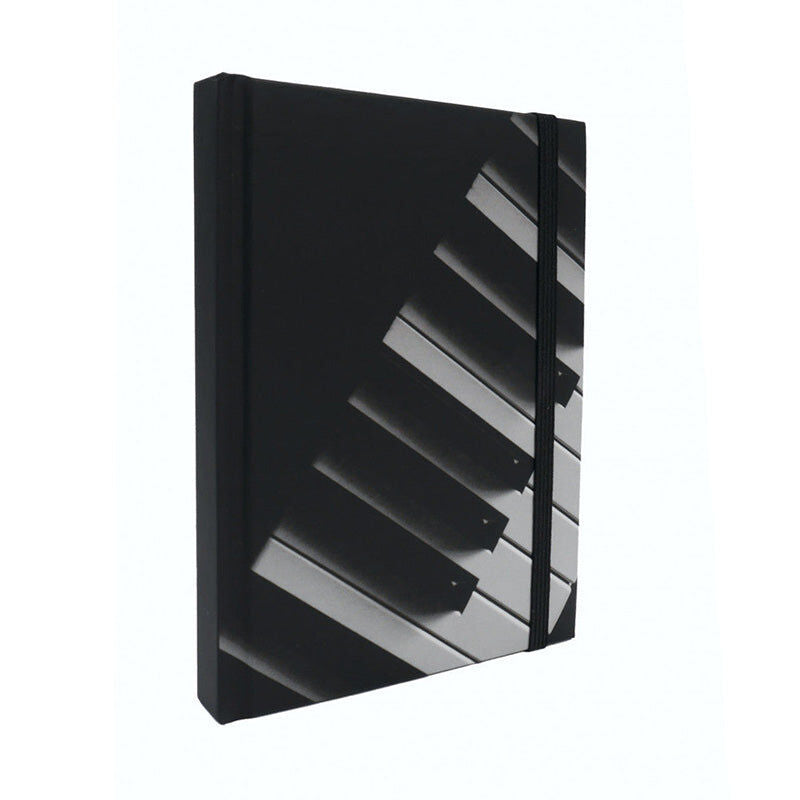 A5 Black Notebook with Piano Keyboard, 96 Sheets, Hard Cover, Pen Loop, Elastic Closure, Ribbon Bookmark, Expandable Pocket — view 3