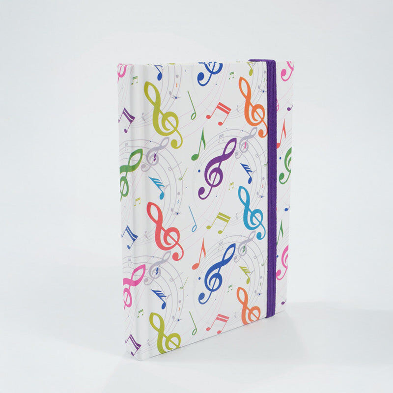 A5 Notebook with Colorful Music Treble Clefs, 96 Sheets, Hard Cover, Pen Loop, Elastic Band, Ribbon Bookmark, Expandable Pocket — view 3