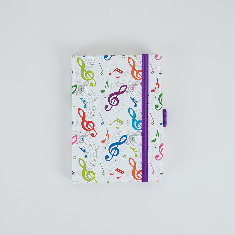 A6 Notebook with Colourful Treble Clefs, Hard Cover, 96 Sheets, Elastic Band, Pen Loop, Ribbon Bookmark, Expandable Pocket