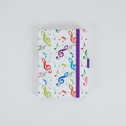 A6 Notebook with Colourful Treble Clefs, Hard Cover, 96 Sheets, Elastic Band, Pen Loop, Ribbon Bookmark, Expandable Pocket