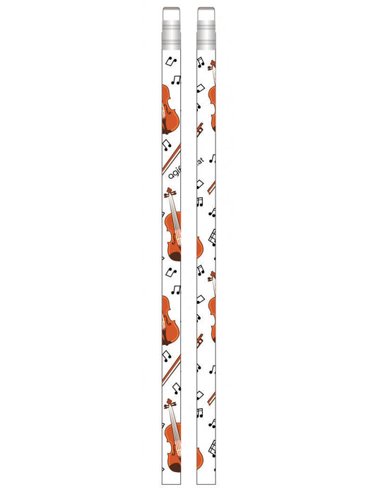 White Music Pencil with Brown Violins or Violas and Music Notes, Includes Eraser