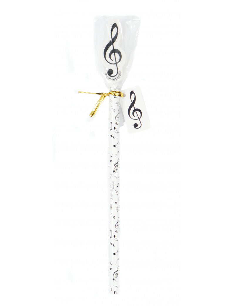 Music Pencil with Treble Clef Eraser - White with Black Notes