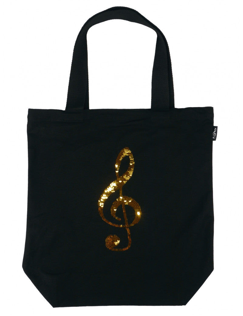 Black Canvas Tote Bag with Reversible Gold/Silver Sequinned Treble Clef, 42cm x 13.5cm
