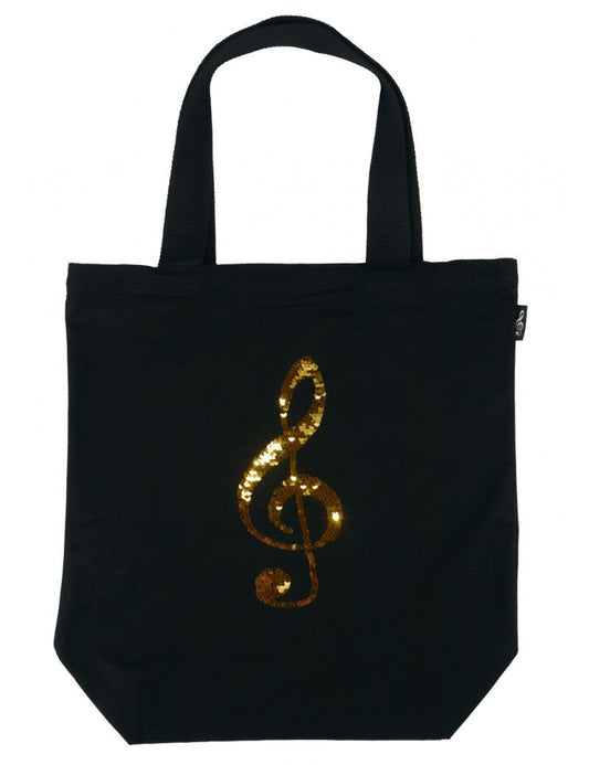 Black Canvas Tote Bag with Reversible Gold/Silver Sequinned Treble Clef, 42cm x 13.5cm