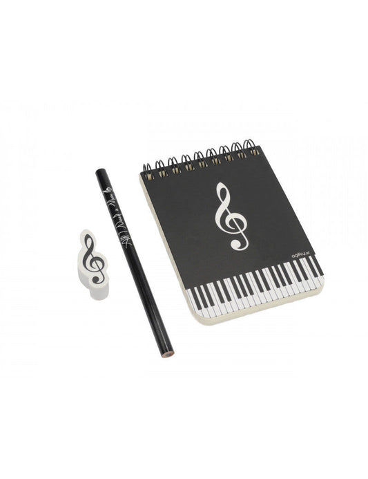 Music Stationery Pack with Small Notebook, Piano Keyboard Pencil, and Treble Clef Eraser