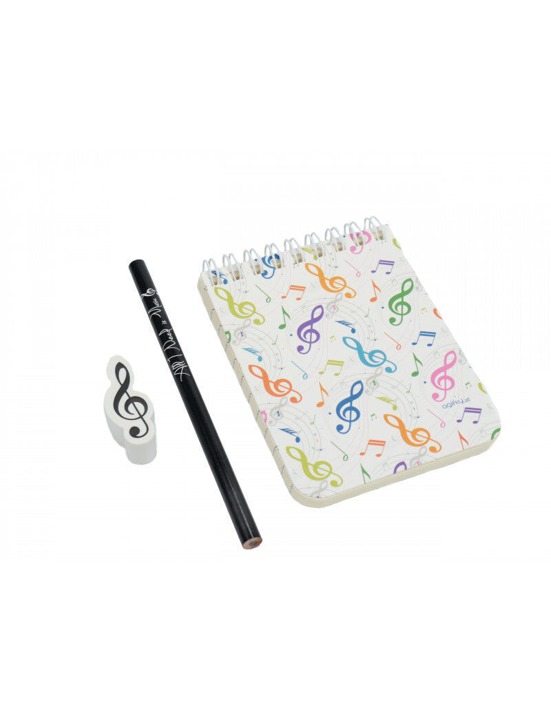 Music Stationery Pack: Small Notebook, Colourful Treble Clefs, Black Pencil, White Treble Clef Eraser