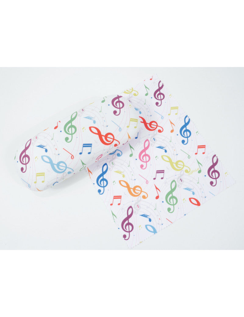 Glasses Case with Microfiber Cleaning Cloth - White with Colorful Music Notes and Clefs