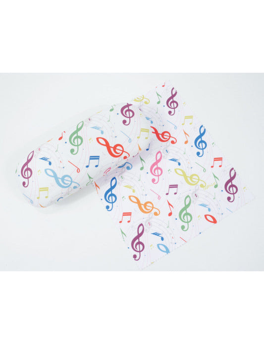 Glasses Case with Microfiber Cleaning Cloth - White with Colorful Music Notes and Clefs