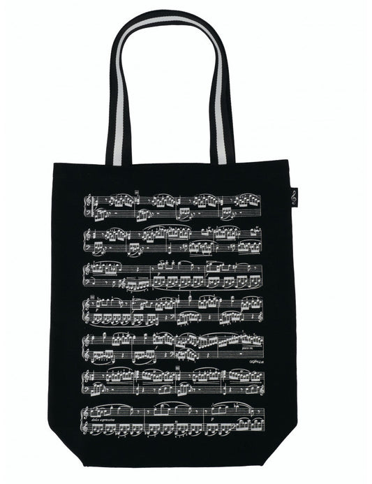 Black Canvas Tote Bag with White Manuscript and Striped Handle, 45cm