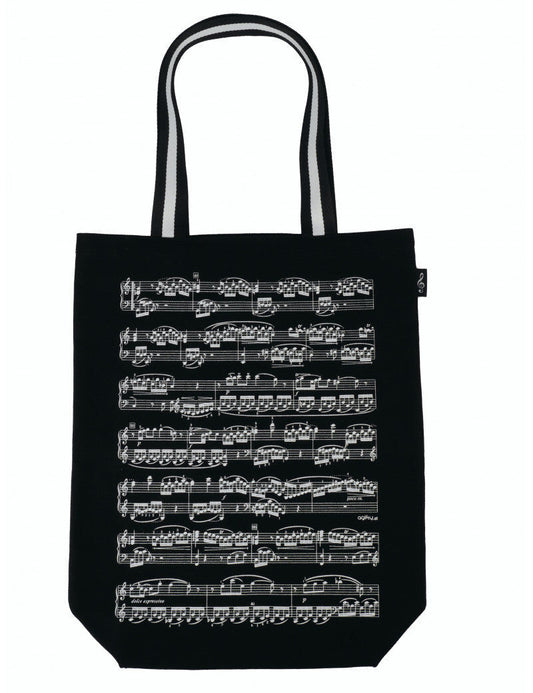Black Canvas Tote Music Bag with White Manuscript and Striped Handle, 45cm