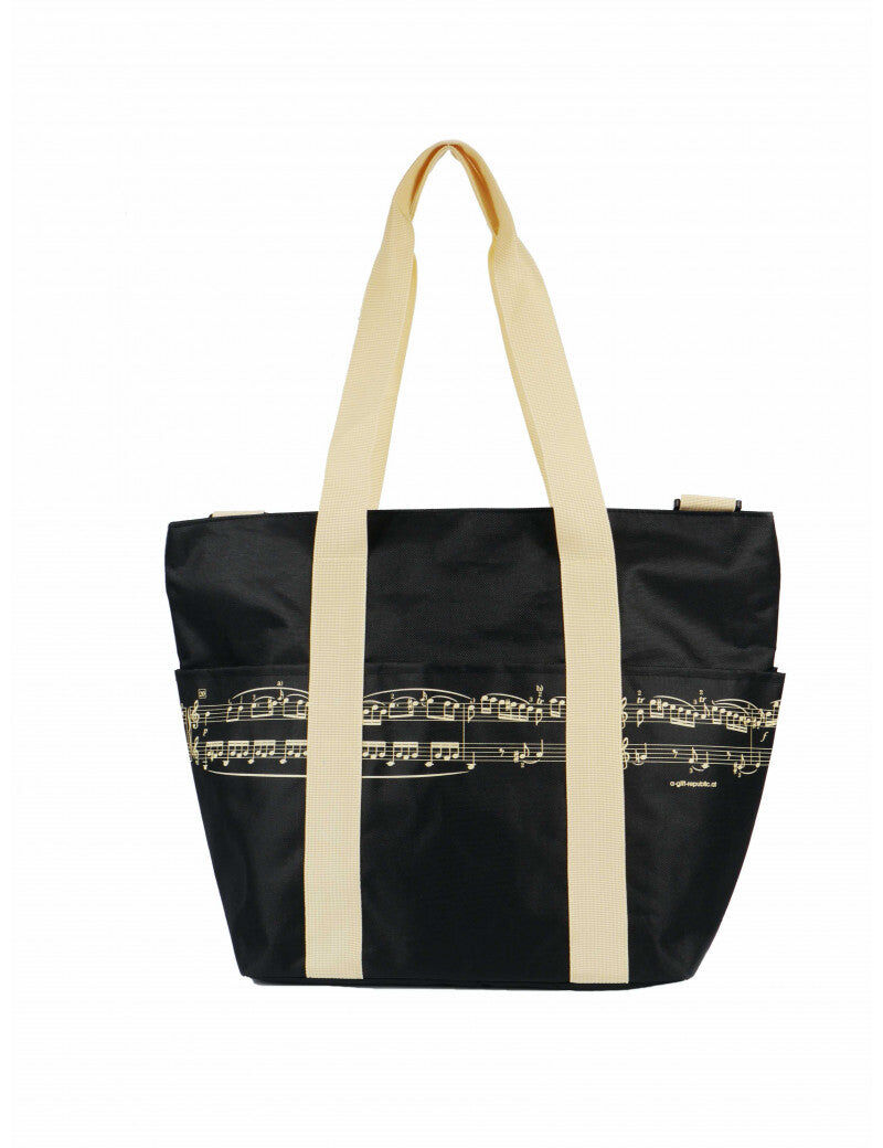 Music Themed Black Shoulder Bag with Yellow Manuscript Print and Straps