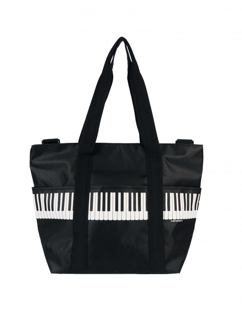 Music Themed Shoulder Bag Black with White Keyboard, Pockets, Adjustable Straps, 45x34x20 cm